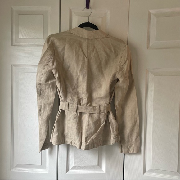 Eddie Bauer 100% linen khaki belted button up blazer blouse size 8 petite - Picture 2 of 10